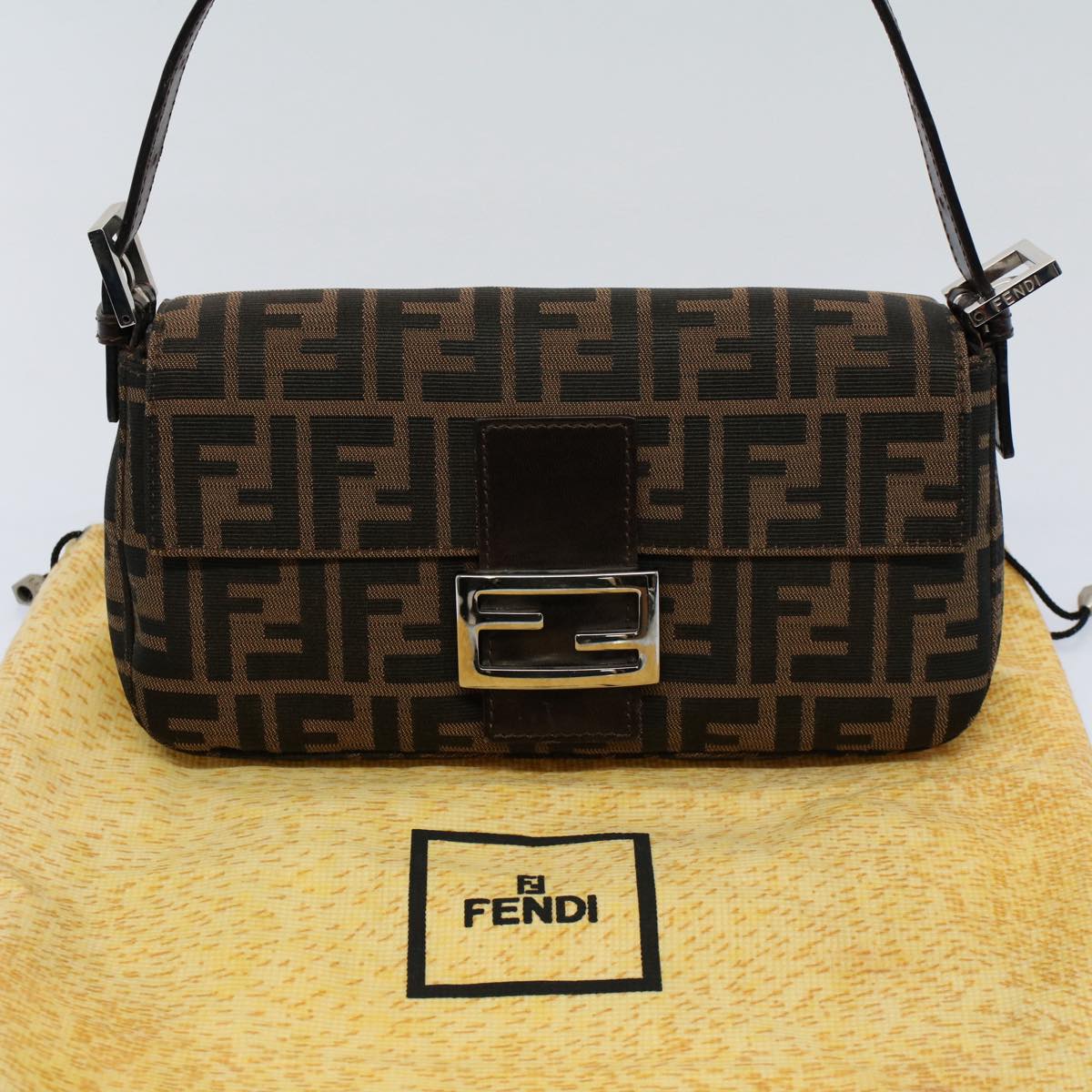 FENDI Zucca Canvas Mamma Baguette Shoulder Bag Black Brown Auth ki3598