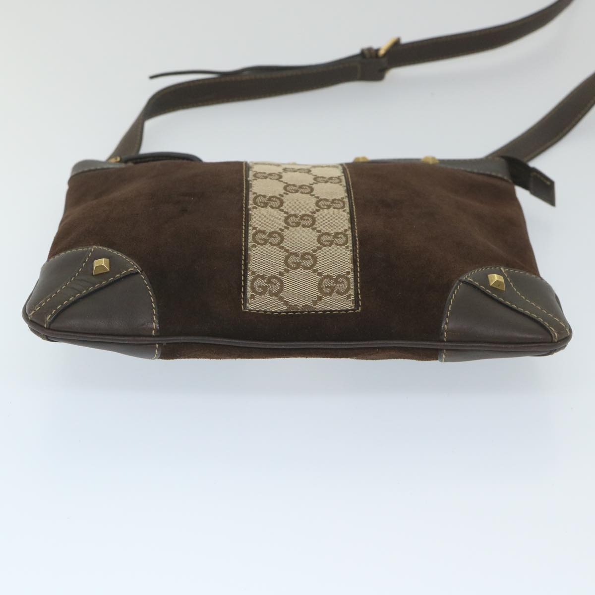 GUCCI GG Canvas Shoulder Bag Suede Beige Brown 120898 Auth ki3660