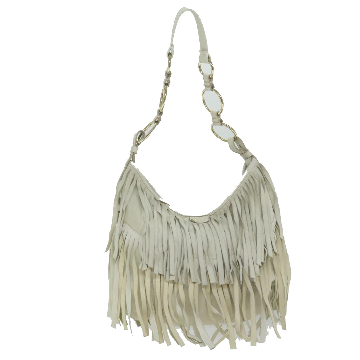 SAINT LAURENT Fringe Shoulder Bag Suede White Auth ki3767