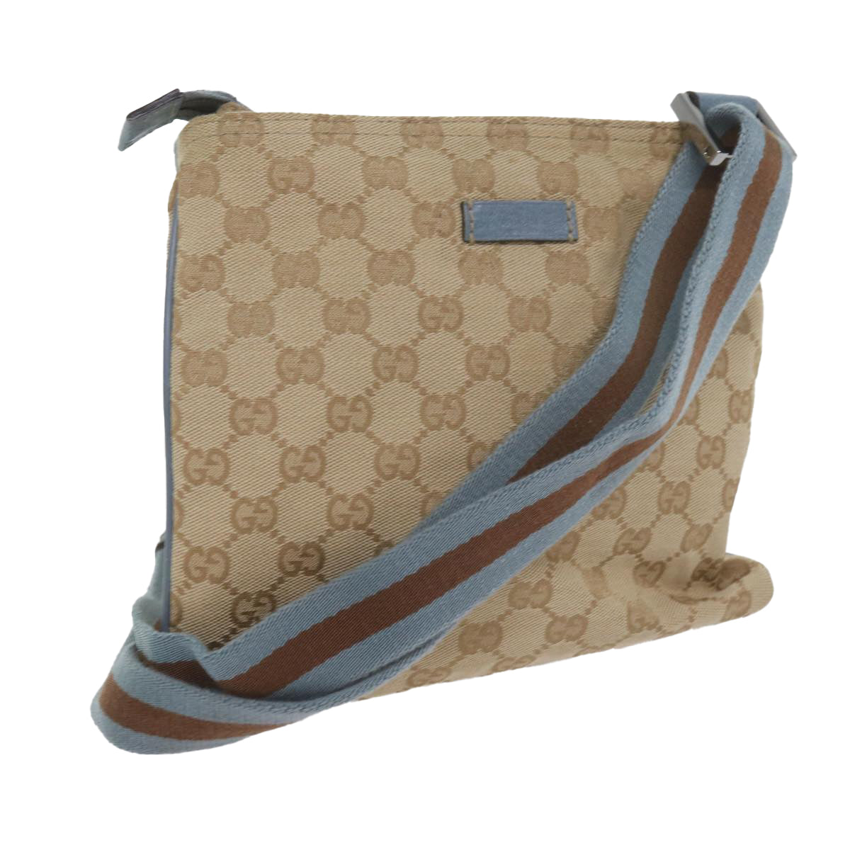 GUCCI GG Canvas Sherry Line Shoulder Bag Brown Light Blue 146309 Auth ki3847