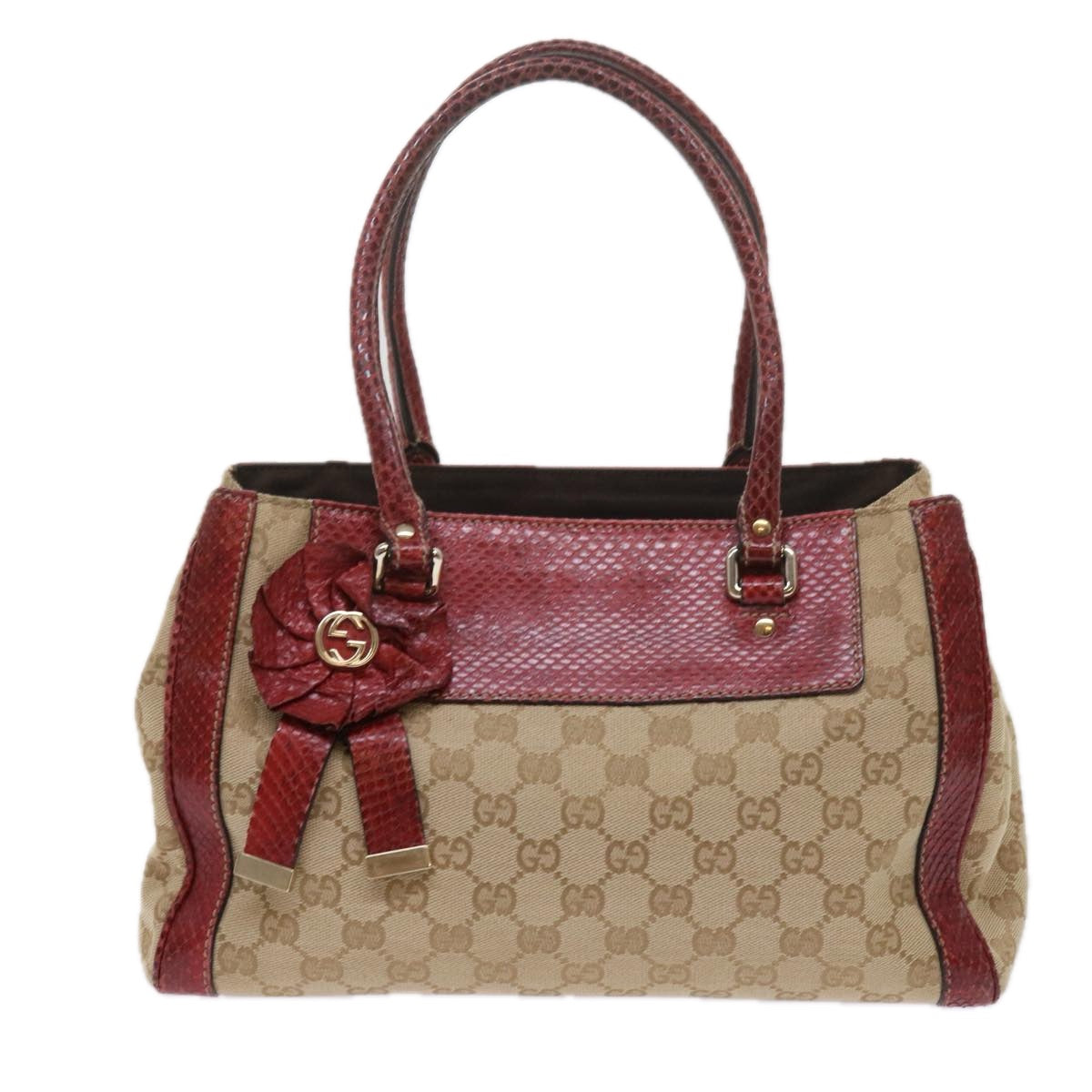 GUCCI GG Canvas Hand Bag Snake leather Beige Red Auth ki3896