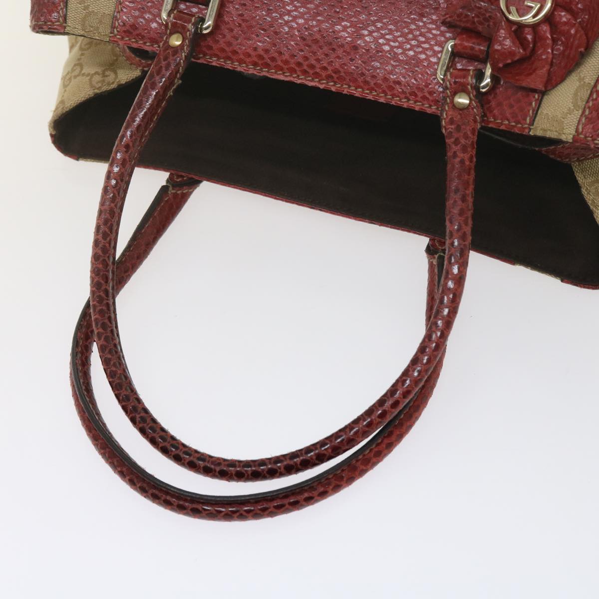 GUCCI GG Canvas Hand Bag Snake leather Beige Red Auth ki3896