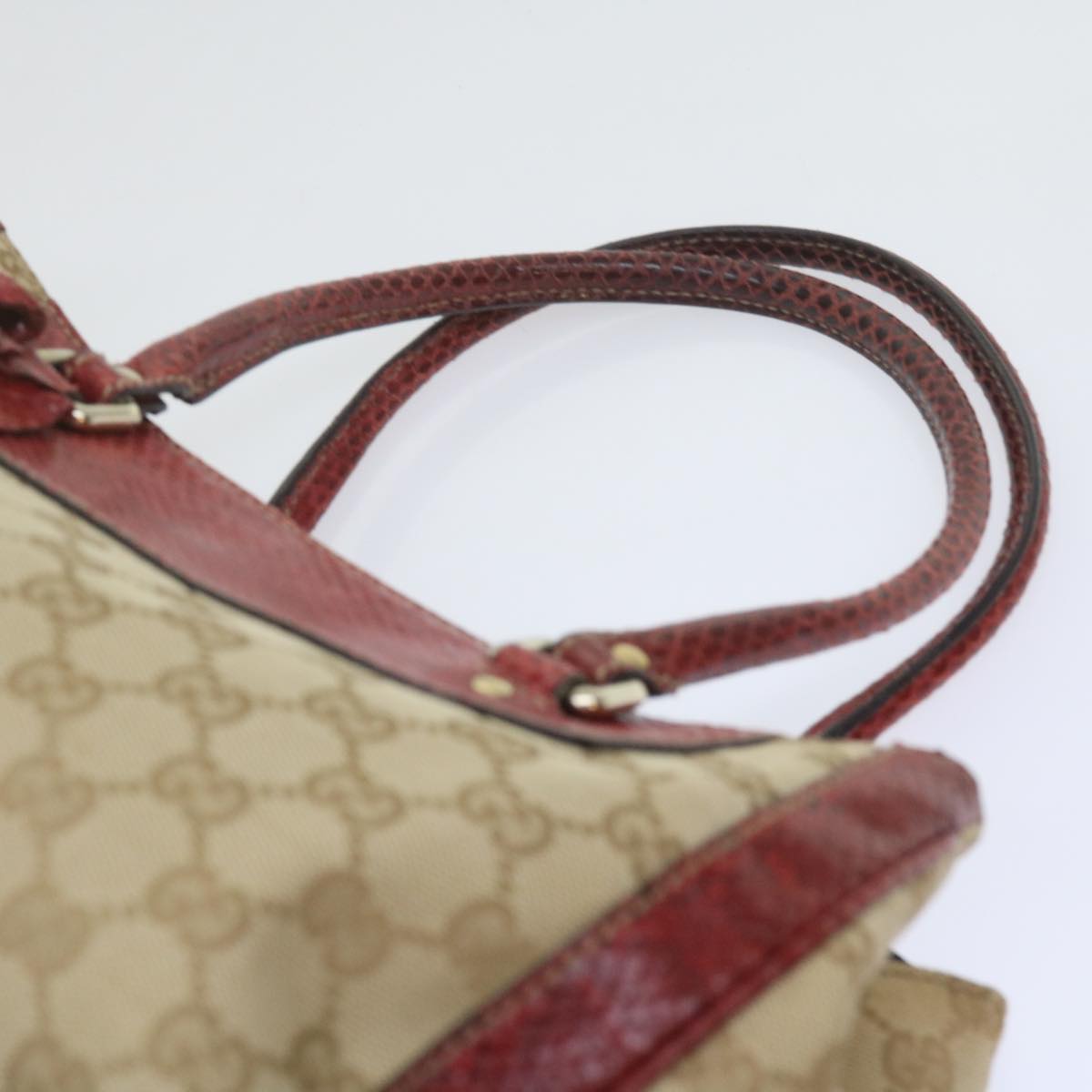 GUCCI GG Canvas Hand Bag Snake leather Beige Red Auth ki3896