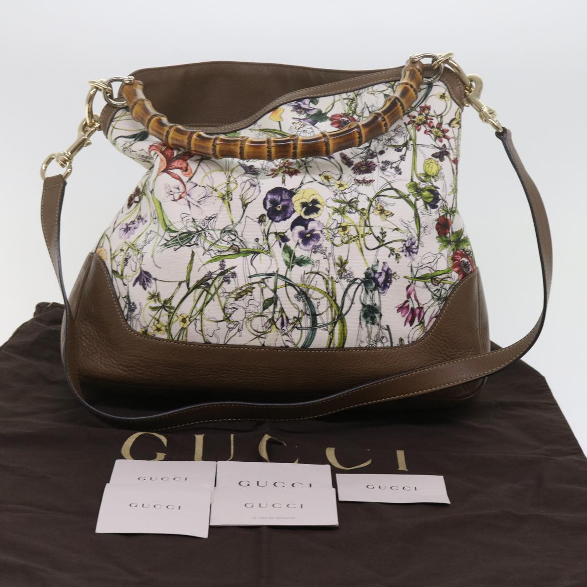 GUCCI Bamboo Flora Shoulder Bag Canvas 2way White Brown 282315 Auth ki3900