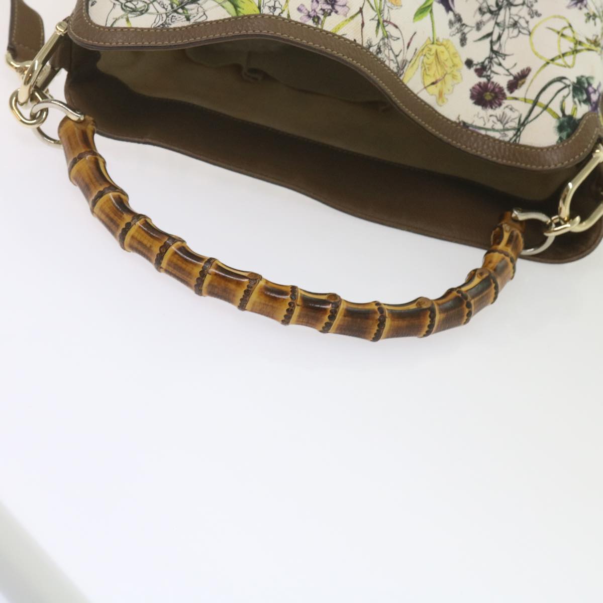 GUCCI Bamboo Flora Shoulder Bag Canvas 2way White Brown 282315 Auth ki3900