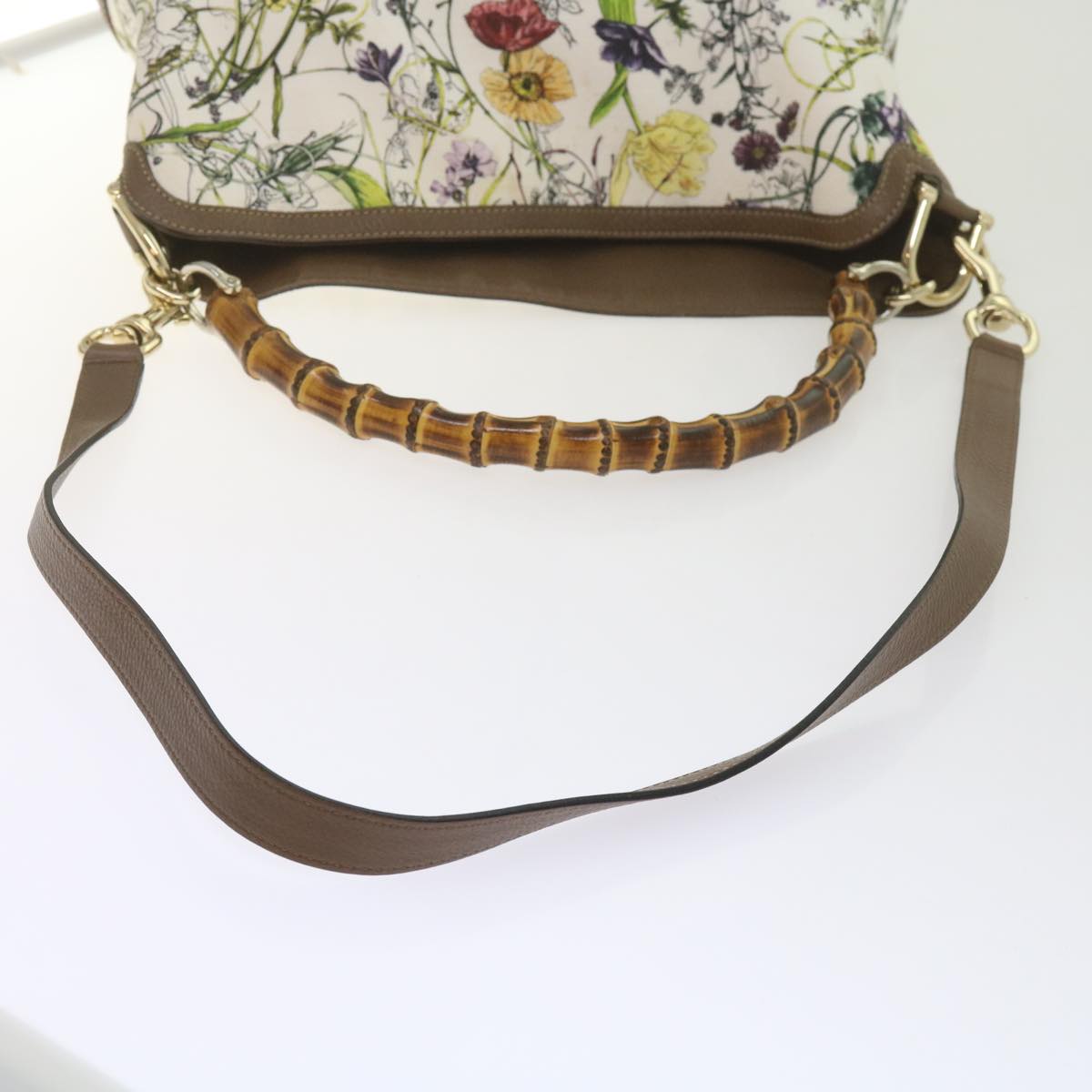 GUCCI Bamboo Flora Shoulder Bag Canvas 2way White Brown 282315 Auth ki3900