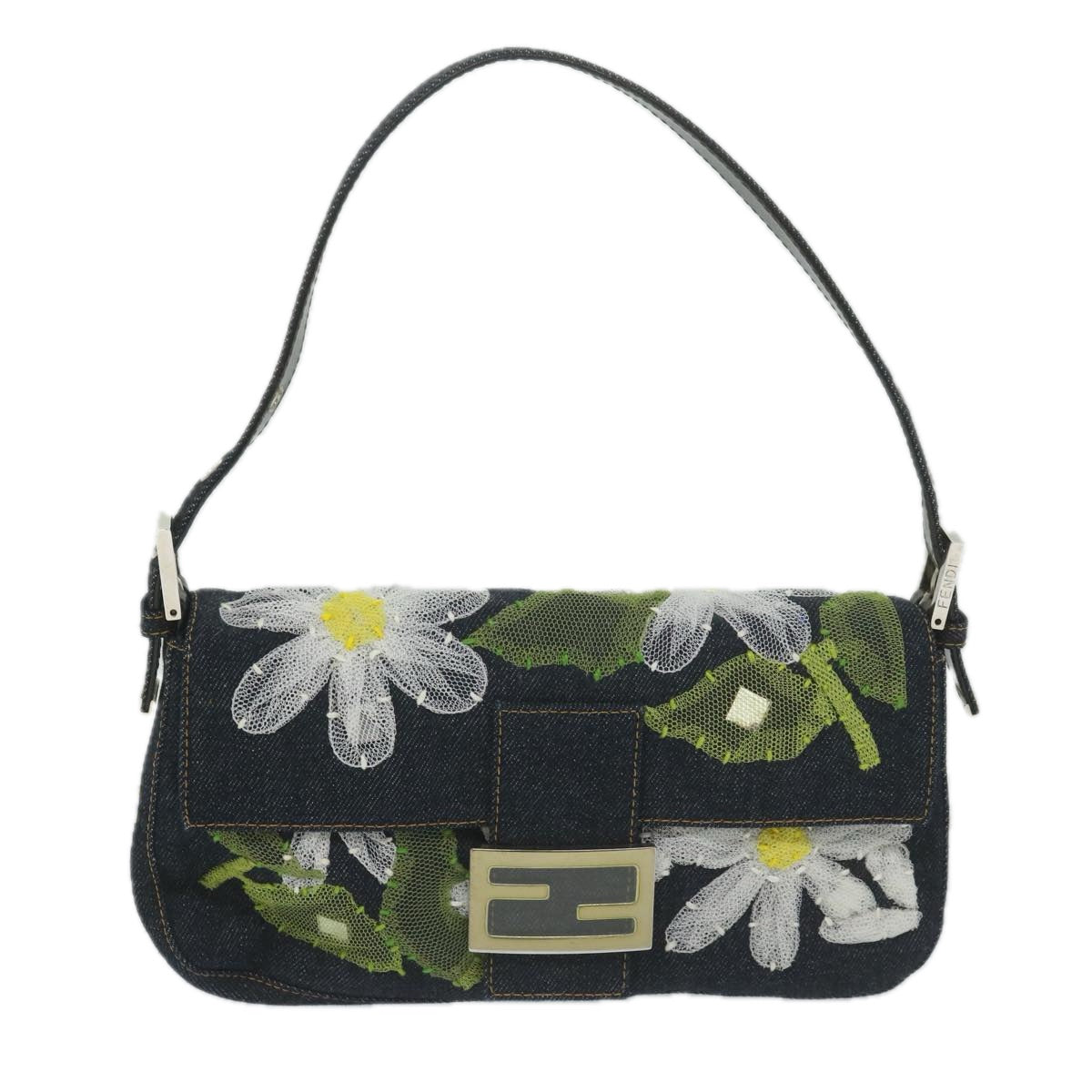 FENDI Flower Lace Mamma Baguette Shoulder Bag Denim Blue Auth ki3965A