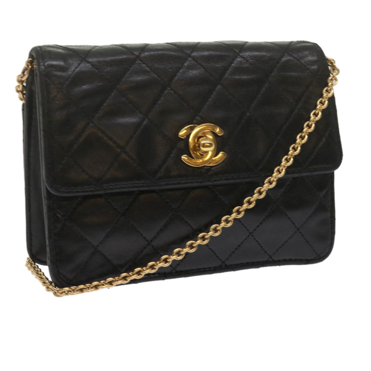 CHANEL Matelasse Chain Shoulder Bag Lamb Skin Black CC Auth kk200