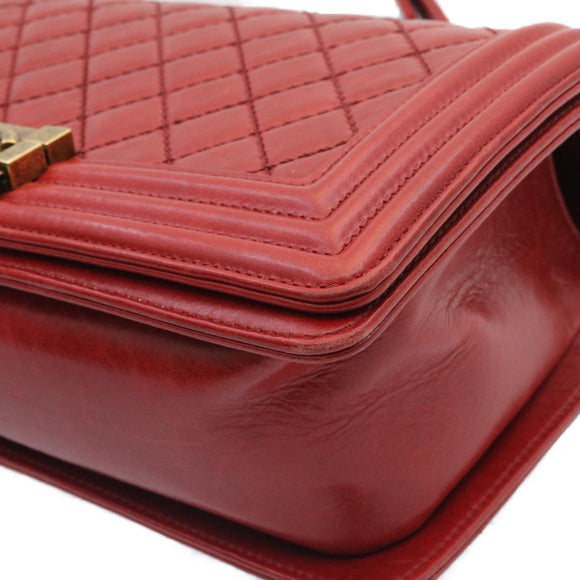CHANEL Boy Chanel Matelasse Chain Flap Shoulder Bag Leather Red CC Auth knn010