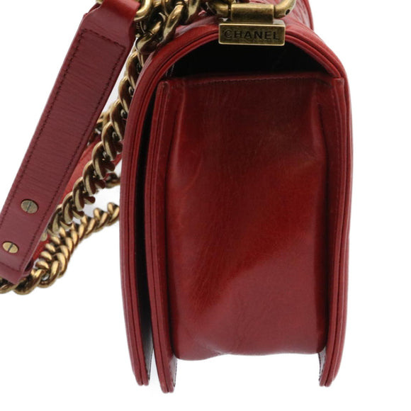 CHANEL Boy Chanel Matelasse Chain Flap Shoulder Bag Leather Red CC Auth knn010