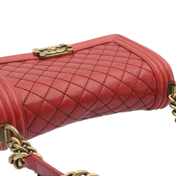 CHANEL Boy Chanel Matelasse Chain Flap Shoulder Bag Leather Red CC Auth knn010