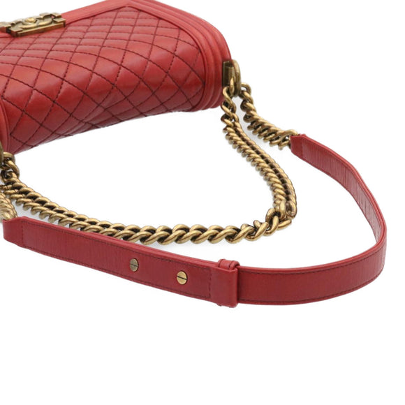 CHANEL Boy Chanel Matelasse Chain Flap Shoulder Bag Leather Red CC Auth knn010