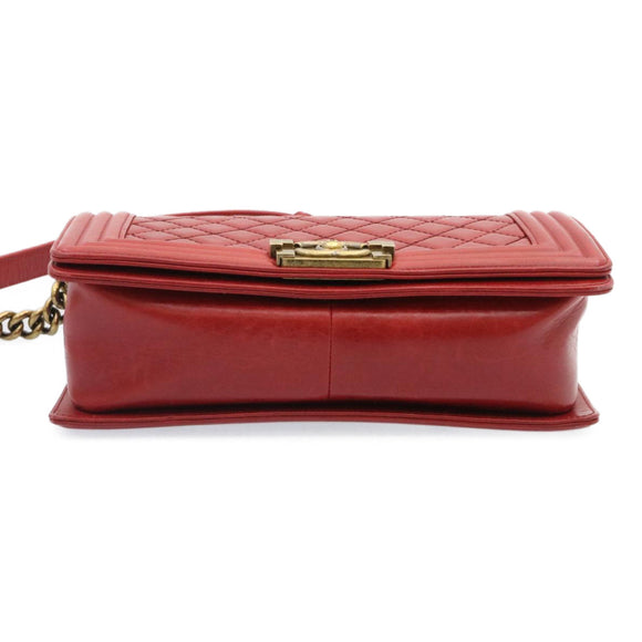 CHANEL Boy Chanel Matelasse Chain Flap Shoulder Bag Leather Red CC Auth knn010