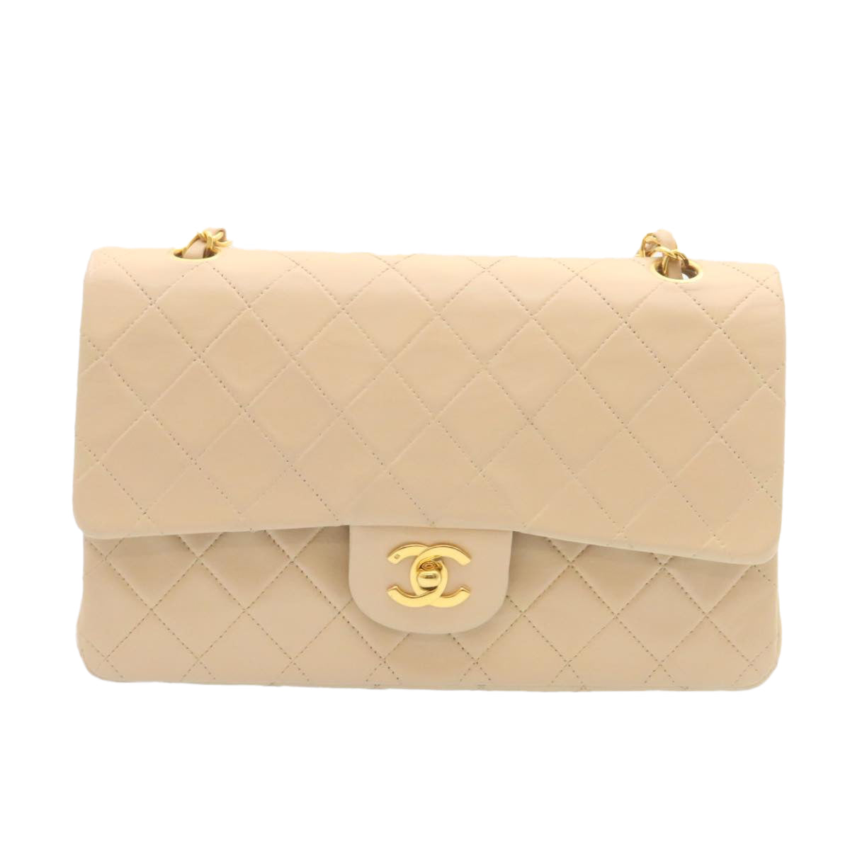 CHANEL Classic Matelasse 25 Chain Flap Shoulder Bag Lamb Skin Beige Auth knn063