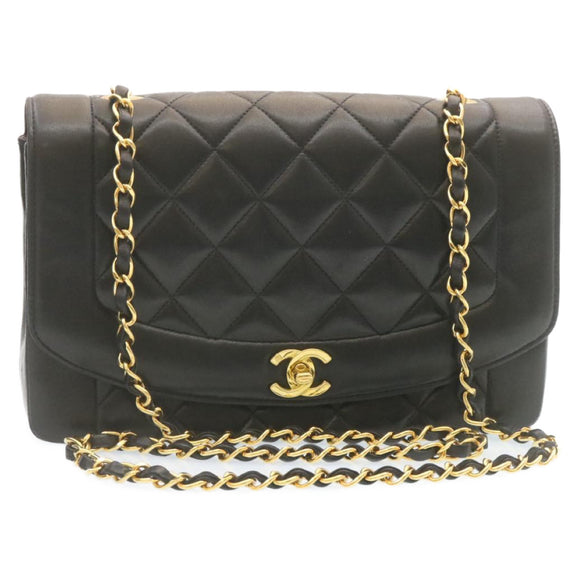 CHANEL Chain Turn Lock Diana Matelasse Shoulder Bag Lamb Skin Black Auth knn076