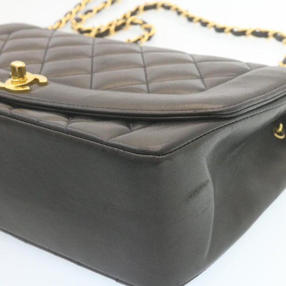CHANEL Chain Turn Lock Diana Matelasse Shoulder Bag Lamb Skin Black Auth knn076