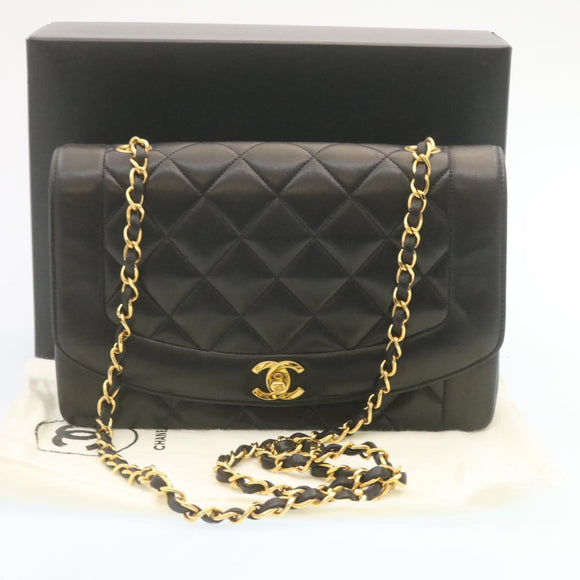 CHANEL Chain Turn Lock Diana Matelasse Shoulder Bag Lamb Skin Black Auth knn076