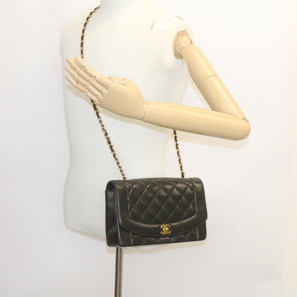 CHANEL Chain Turn Lock Diana Matelasse Shoulder Bag Lamb Skin Black Auth knn076