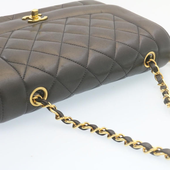 CHANEL Chain Turn Lock Diana Matelasse Shoulder Bag Lamb Skin Black Auth knn076