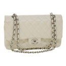 CHANEL Matelasse Double Flap Chain Shoulder Bag Caviar Skin White CC Auth knn085-1