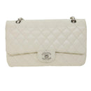CHANEL Matelasse Double Flap Chain Shoulder Bag Caviar Skin White CC Auth knn085-13