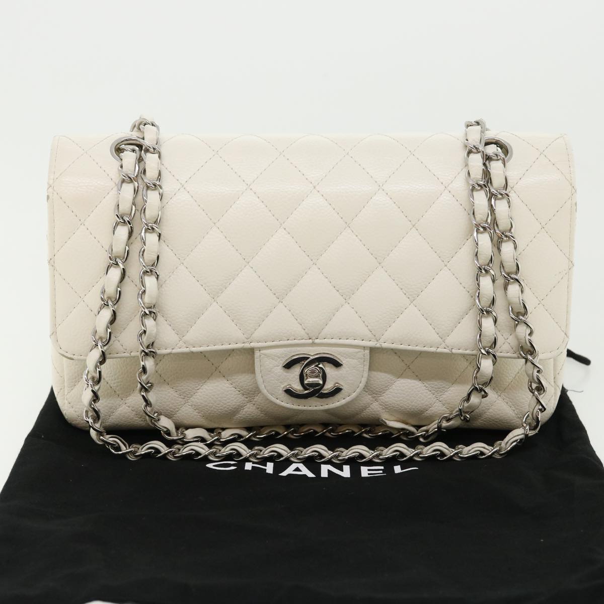 CHANEL Matelasse Double Flap Chain Shoulder Bag Caviar Skin White CC Auth knn085