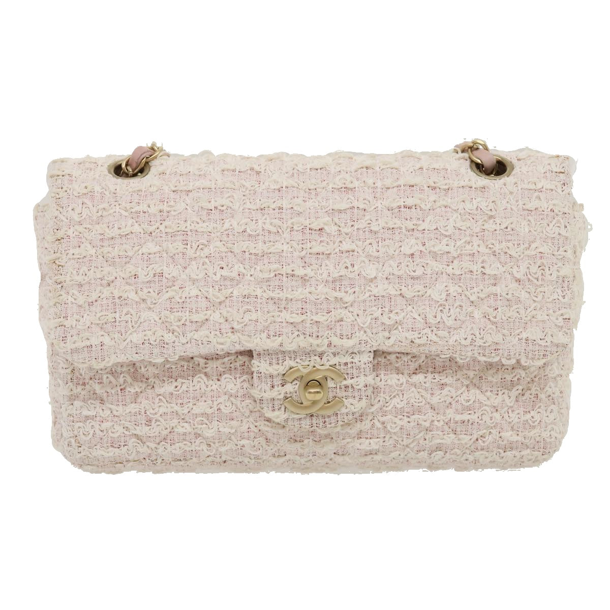 CHANEL Matelasse Tweed Turn Lock Chain Shoulder Bag White Pink CC Auth 35175A