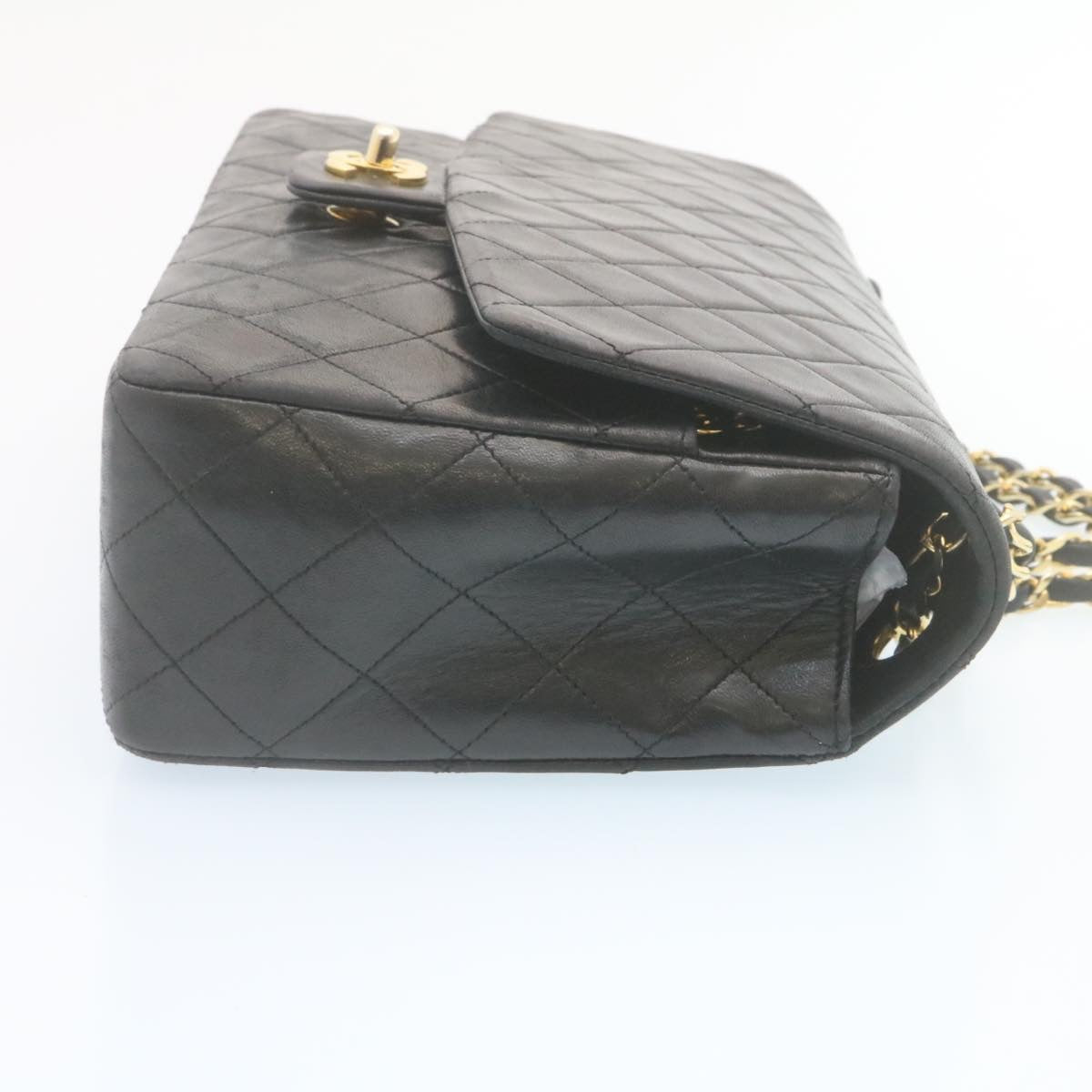 CHANEL Matelasse Double Chain Flap Shoulder Bag Lamb Skin Black Gold Auth 34511A