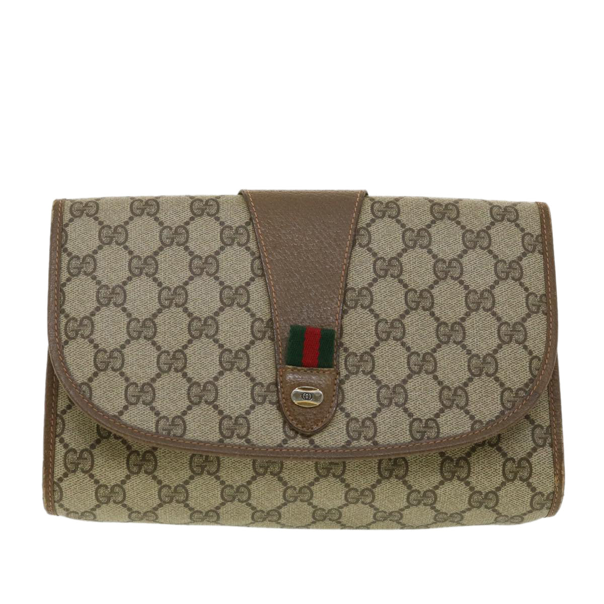 GUCCI GG Canvas Web Sherry Line Clutch Bag Beige Red Green Auth ny139