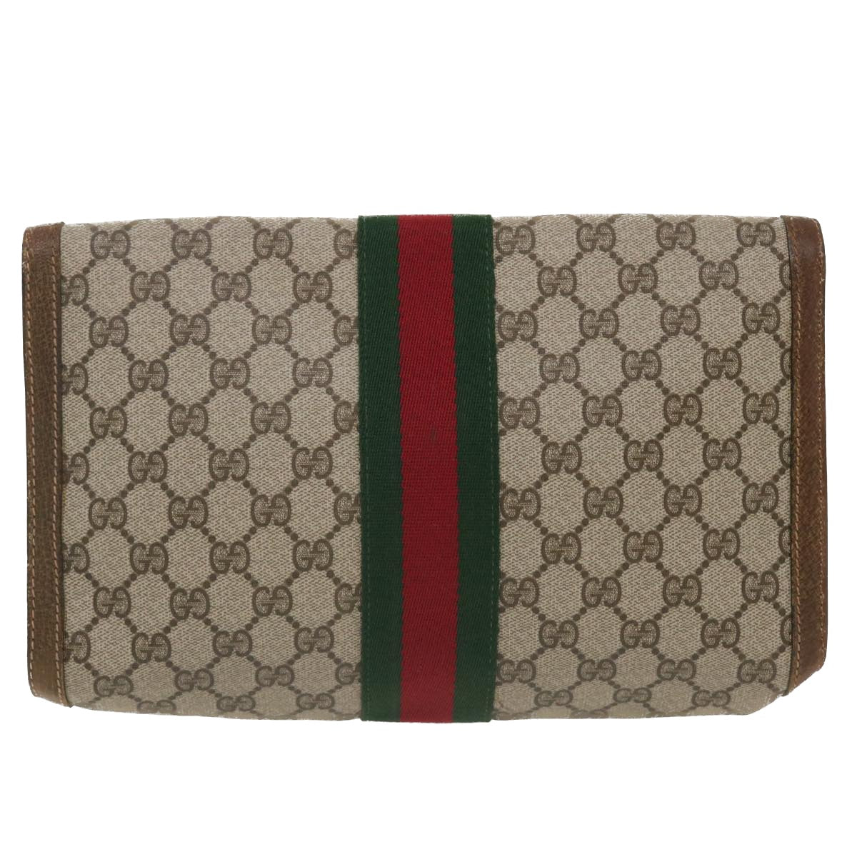GUCCI GG Canvas Web Sherry Line Clutch Bag Beige Red Green 37-02-3839 Auth ny155
