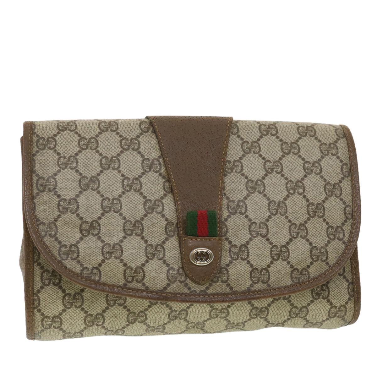 GUCCI GG Canvas Web Sherry Line Clutch Bag Beige Green Red 89.01.030 Auth ny214