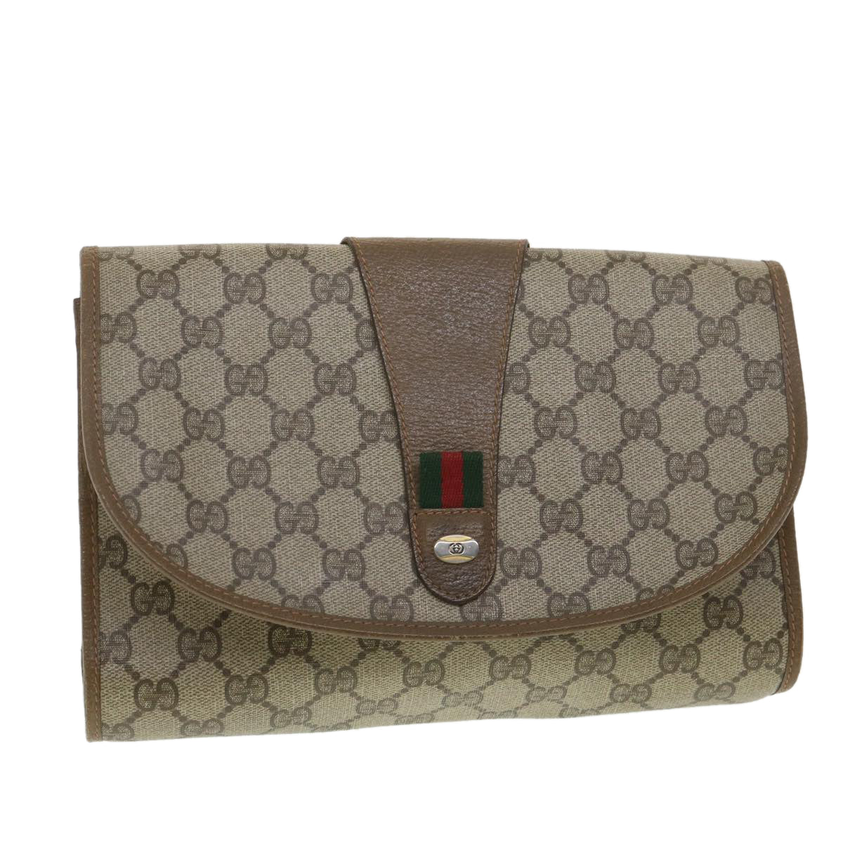 GUCCI GG Canvas Web Sherry Line Clutch Bag Beige Red Green 89.01.030 Auth ny215