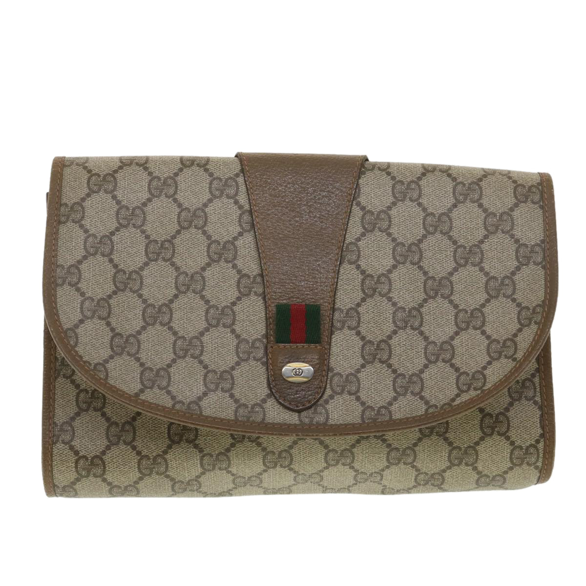 GUCCI GG Canvas Web Sherry Line Clutch Bag Beige Red Green 89.01.030 Auth ny215