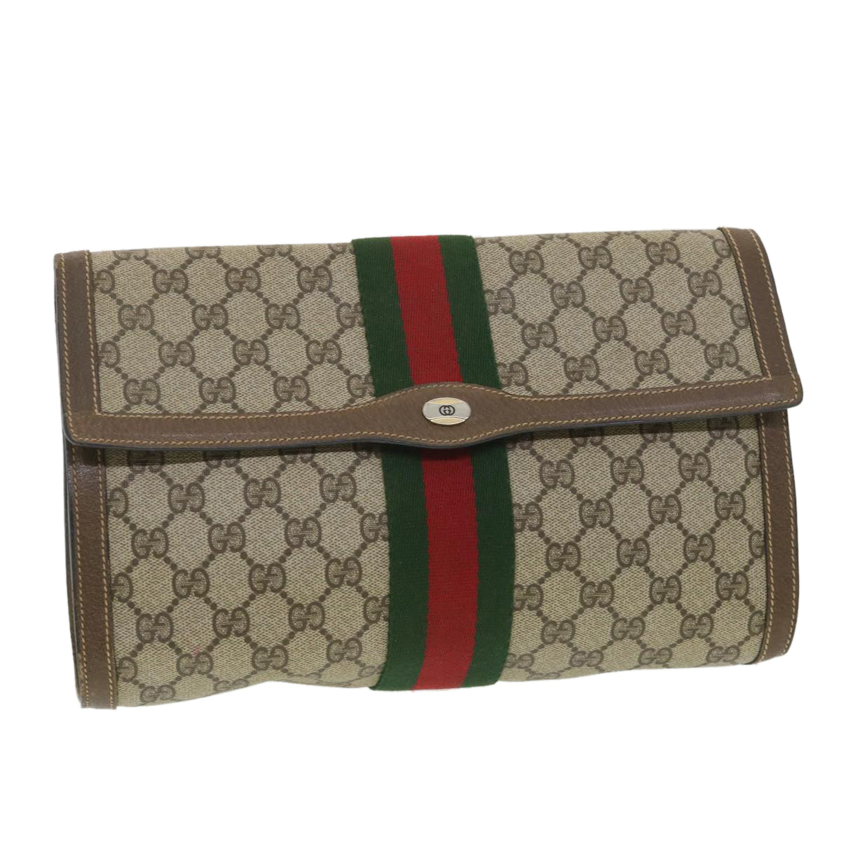 GUCCI GG Canvas Web Sherry Line Clutch Bag Beige Red Green 89.01.007 Auth ny216