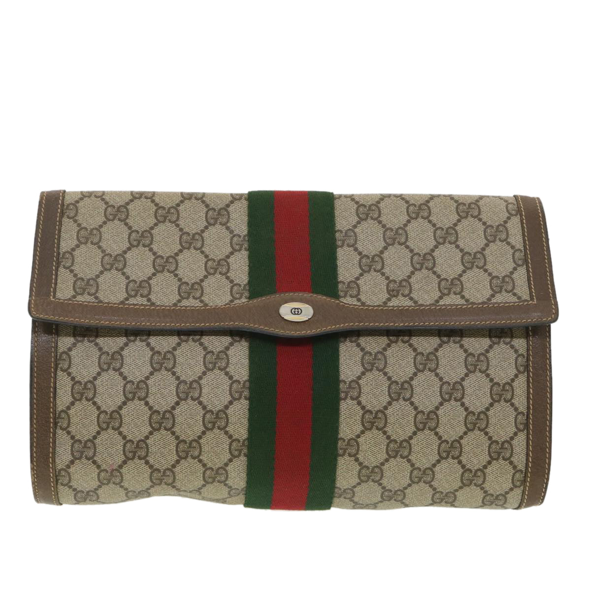 GUCCI GG Canvas Web Sherry Line Clutch Bag Beige Red Green 89.01.007 Auth ny216