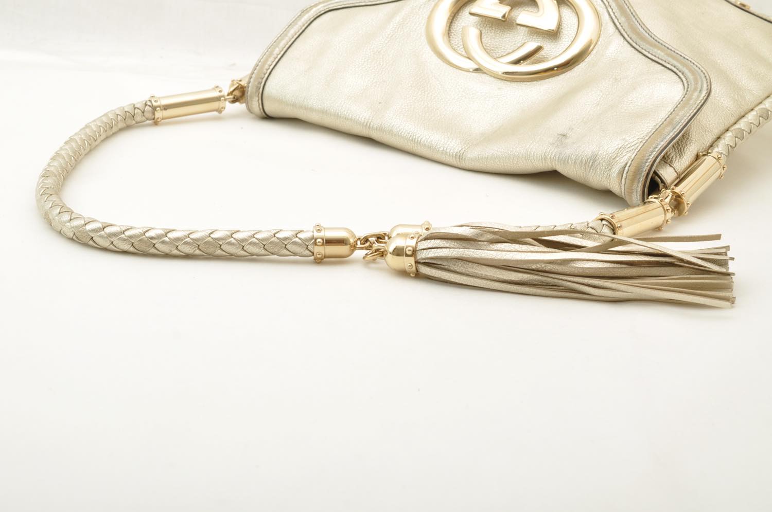 GUCCI Interlocking Fringe Shoulder Bag Leather Champagne Gold 167732 Auth rd106