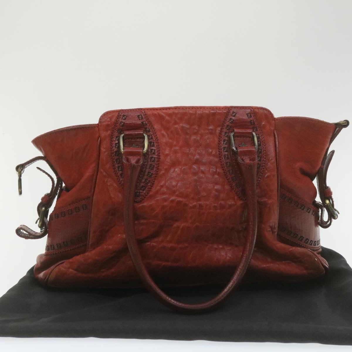FENDI Du Jules Hand Bag Leather Red Auth rd1809