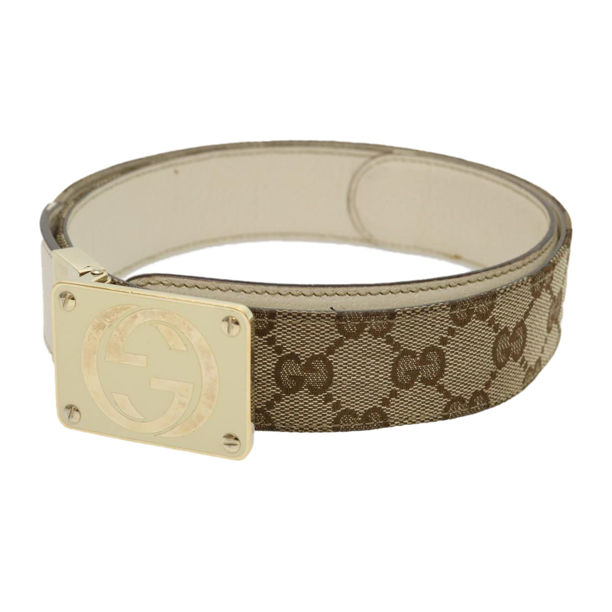 GUCCI GG Canvas Belt Leather Beige White Auth rd2130 - 0