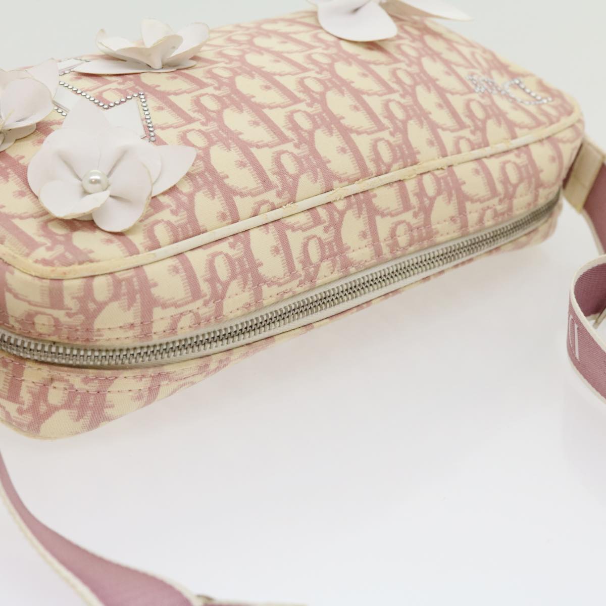 Christian Dior Trotter Canvas Flower Shoulder Bag Pink Auth rd2246