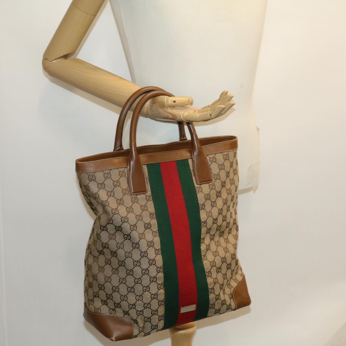 GUCCI GG Canvas Web Sherry Line Hand Bag Beige Red Green 20580025100 Auth rd2378