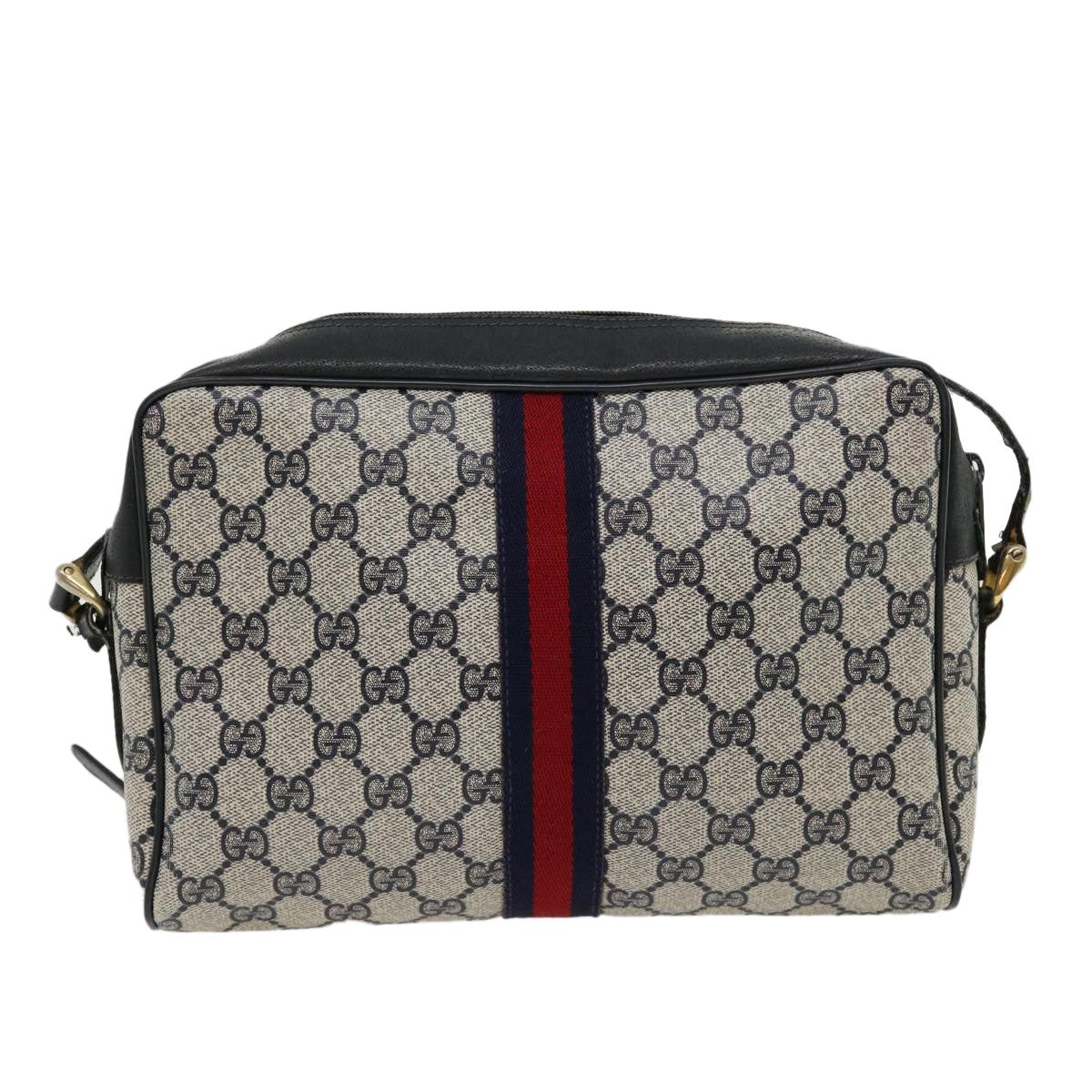 GUCCI GG Canvas Sherry Line Shoulder Bag PVC Leather Navy Red gray Auth rd2444