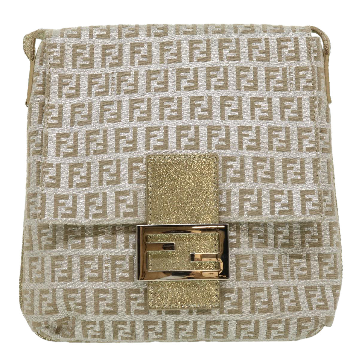 FENDI Zucchino Canvas Shoulder Bag Champagne Gold Auth rd2783