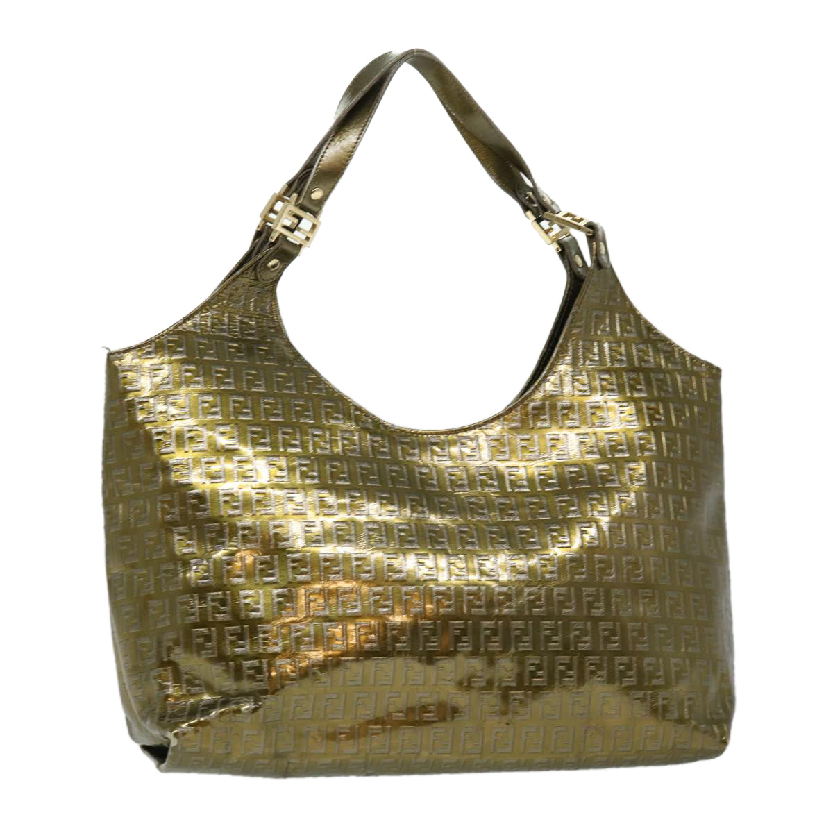 FENDI Zucchino Canvas Shoulder Bag Gold Auth rd3399