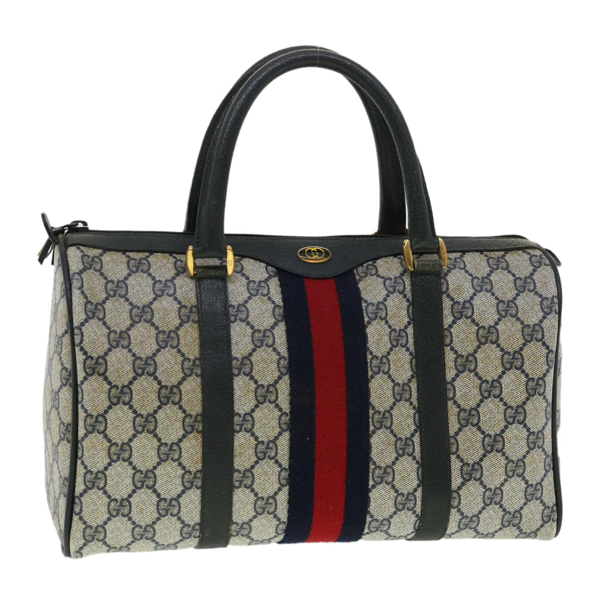 GUCCI GG Canvas Sherry Line Boston Bag PVC Leather Gray Red Navy Auth rd3671