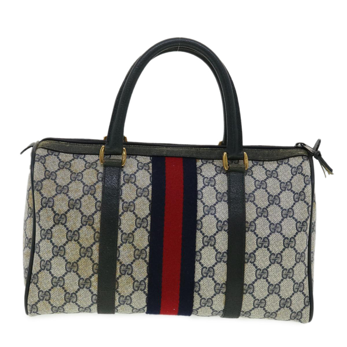 GUCCI GG Canvas Sherry Line Boston Bag PVC Leather Gray Red Navy Auth rd3671 - 0