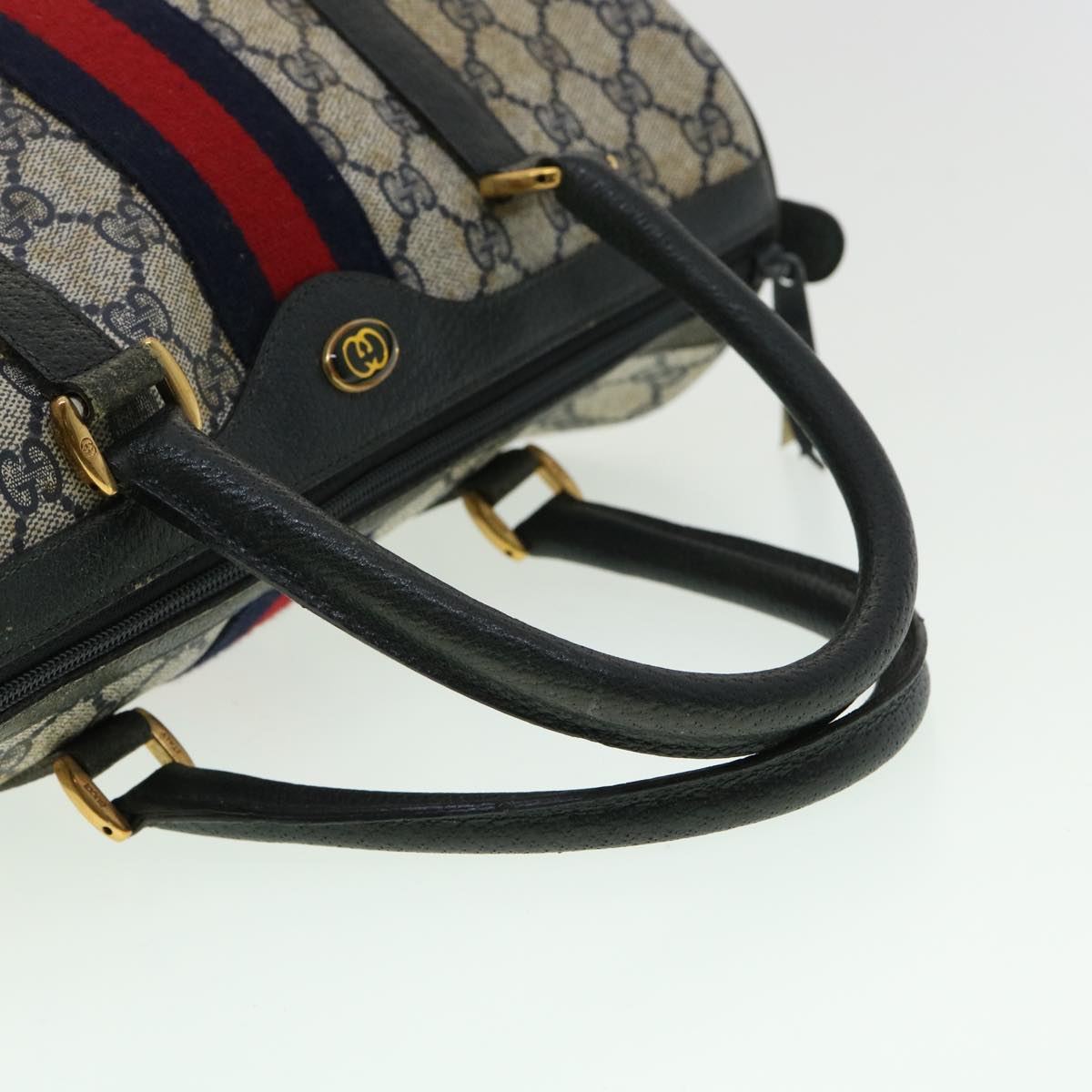 GUCCI GG Canvas Sherry Line Boston Bag PVC Leather Gray Red Navy Auth rd3671