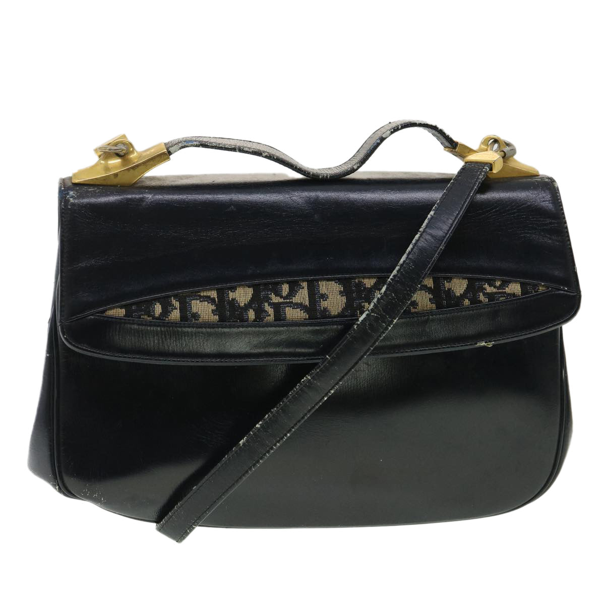 Christian Dior Trotter Canvas Shoulder Bag Leather Canvas 2way Navy Auth rd3835