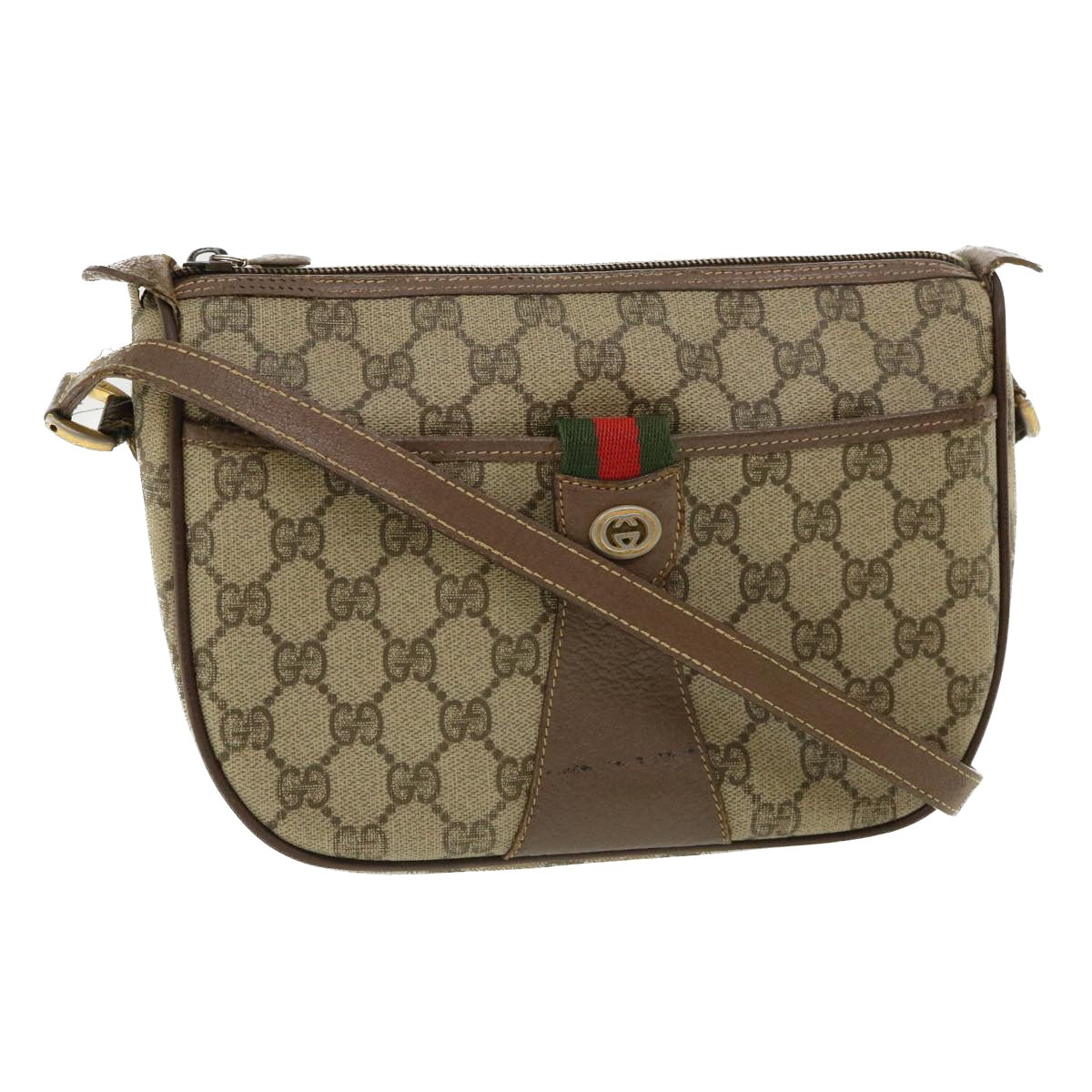 GUCCI Web Sherry Line GG Canvas Shoulder Bag PVC Leather Beige Green Auth rd3958