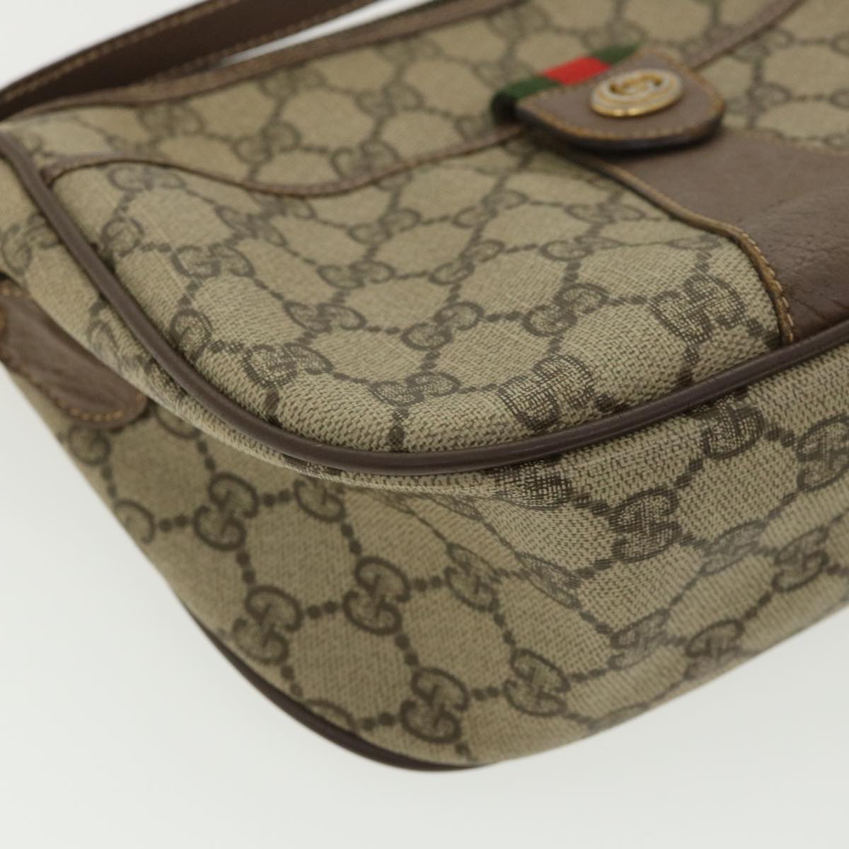 GUCCI Web Sherry Line GG Canvas Shoulder Bag PVC Leather Beige Green Auth rd3958