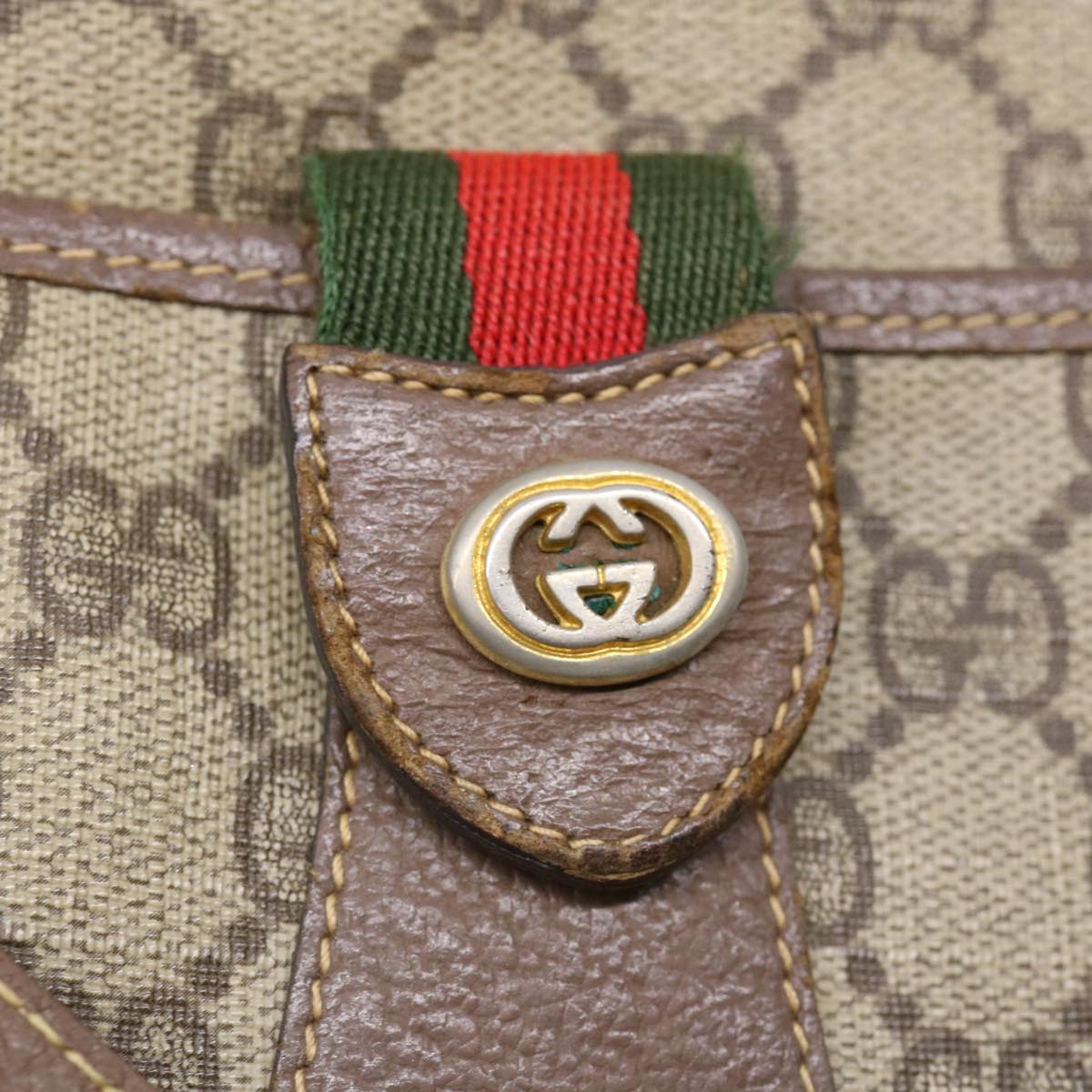 GUCCI Web Sherry Line GG Canvas Shoulder Bag PVC Leather Beige Green Auth rd3958